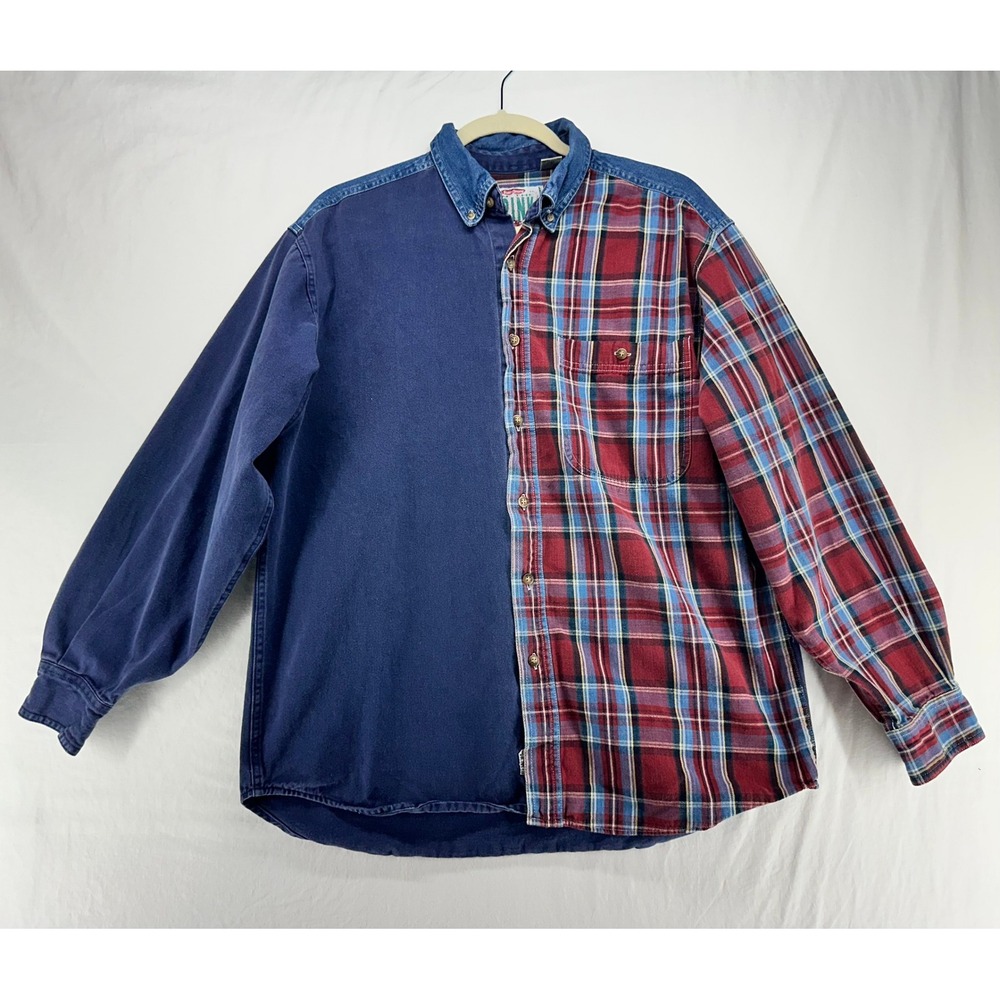 On The Brink Vintage Mens Split Plaid Denim Button Down Shirt Navy Red Blue M